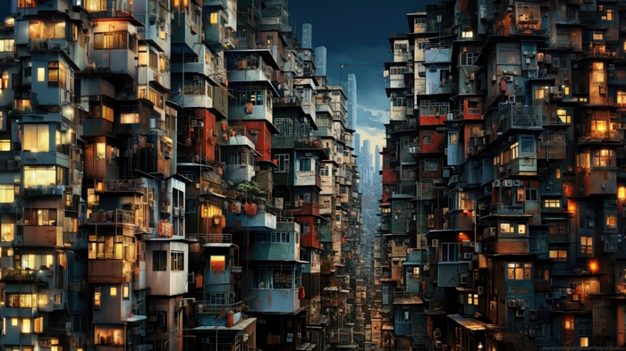 Dense urban cityscape with towering apartment buildings