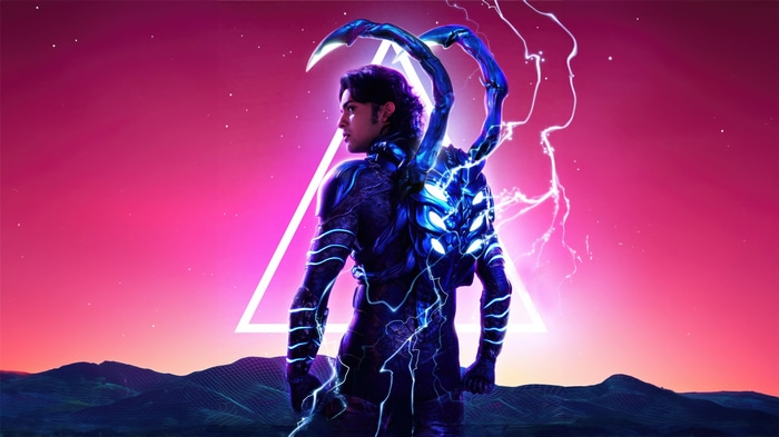 Blue Beetle with Scorpion-like Armor and Lightning
