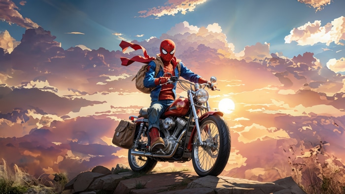 Spiderman riding a motorcycle at sunset