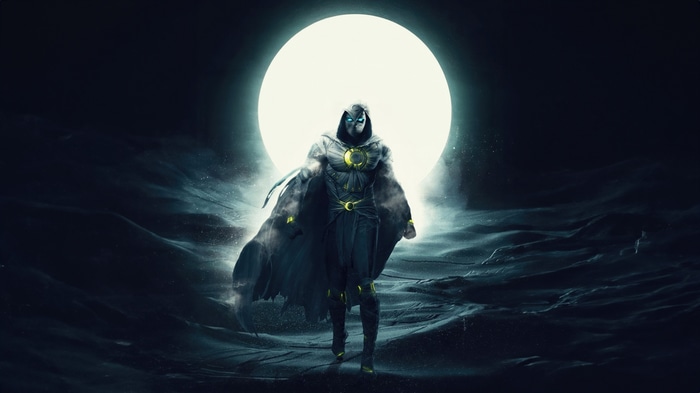 Moon Knight standing in front of a large moon