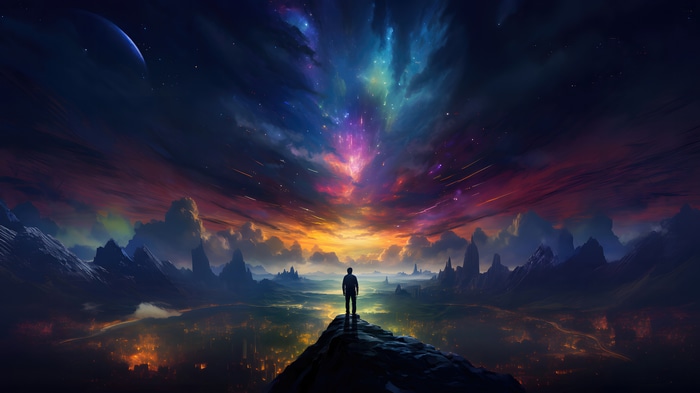 Man standing on a rock overlooking a colorful galaxy and city