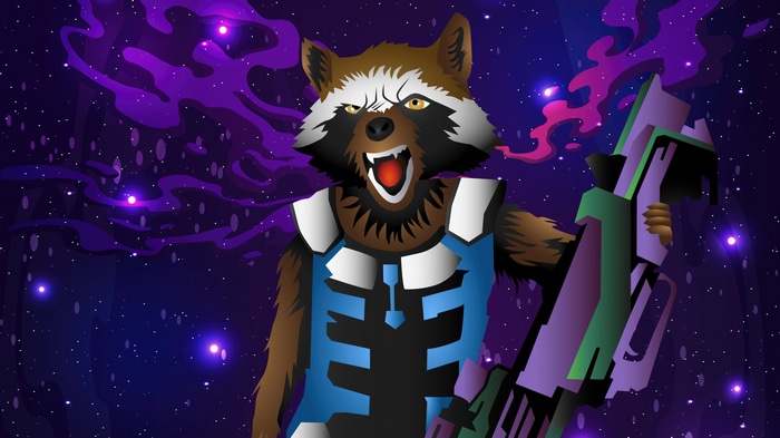 Rocket Raccoon with a large weapon in space