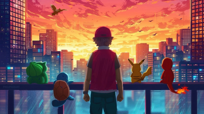 Pokemon Trainer and Starters Overlooking Cityscape at Sunset 4K
