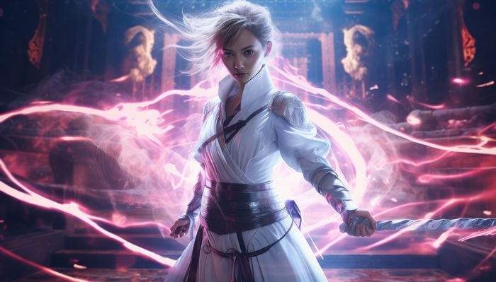 Artwork of a woman with a sword and magic