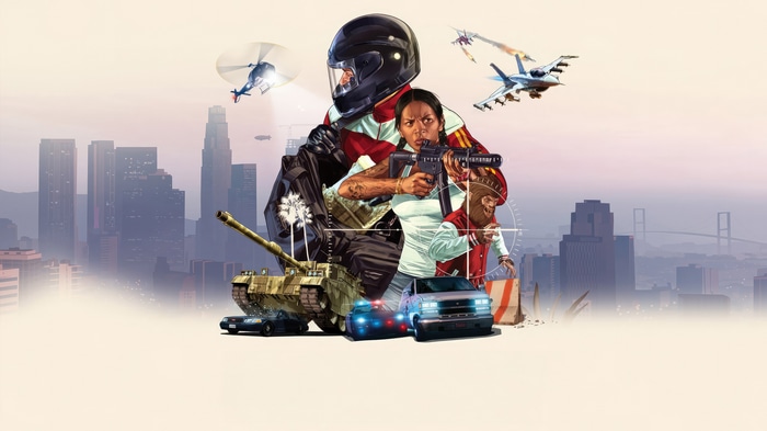 Grand Theft Auto V Characters with Vehicles and Cityscape
