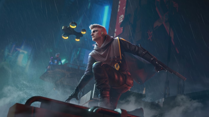 Garena Free Fire character in a rainy cyberpunk city
