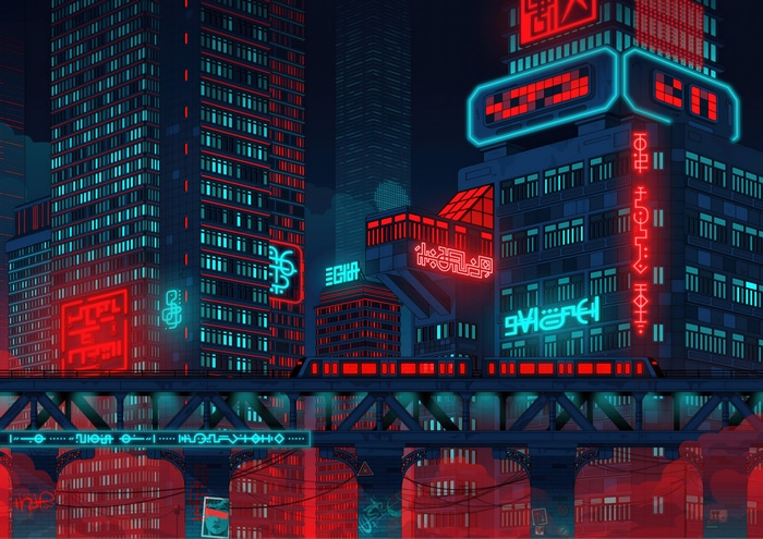 Sci-fi city artwork with neon lights