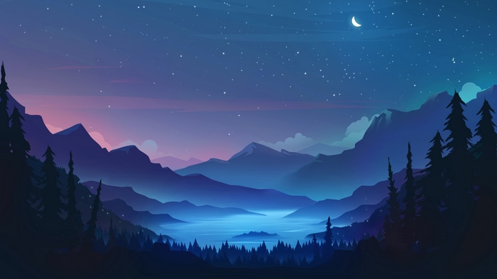 Minimalist digital art of mountains and a lake at night