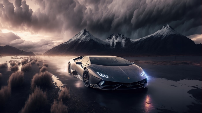Lamborghini Huracan on a wet road with mountains