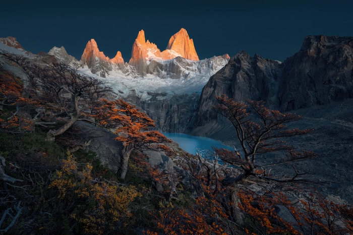 Fitz Roy Mountains at Sunrise with Autumn Trees