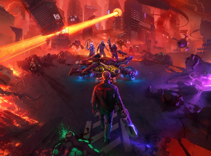 Turbo Overkill characters and vehicle in a destroyed city