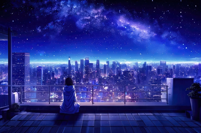 Anime Girl on Rooftop Overlooking Cityscape Under Starry Sky 4K