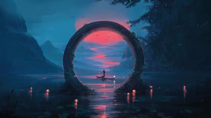 Digital Art of a Man in a Boat Through a Portal