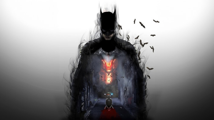 Batman in a dark alley with bats