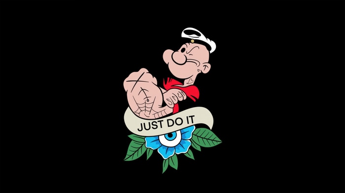 Popeye with "Just Do It" tattoo and blue flower