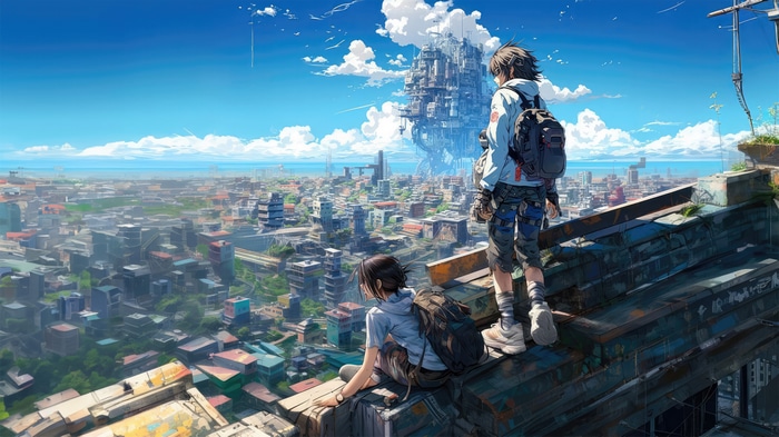 Two travelers overlook a futuristic city with a massive structure in the sky