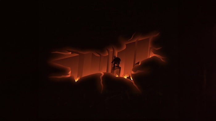 Batman in a fiery, rocky landscape
