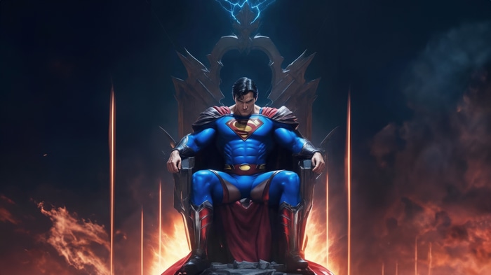 Superman sitting on a throne with lightning
