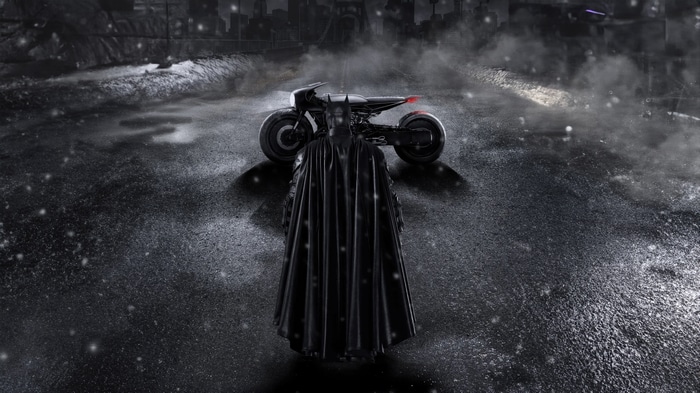 Batman and Batcycle in a Snowy City