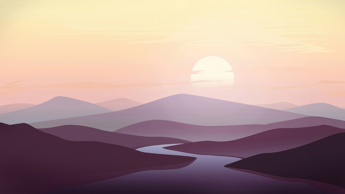 Minimalist sunset over purple mountains and river