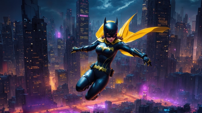 Batgirl flying over a futuristic city at night