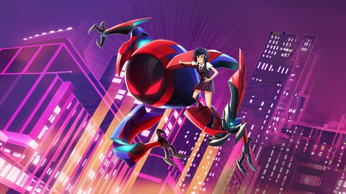 Spider-Man and a girl in a mech suit