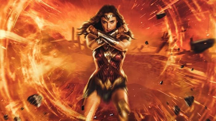 Wonder Woman in a fiery vortex