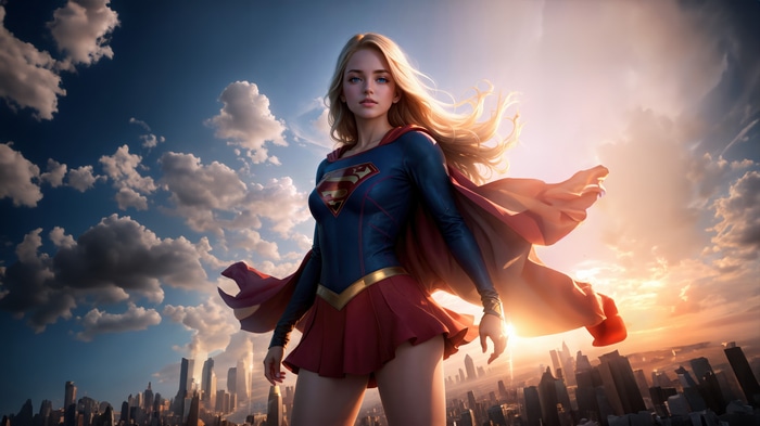 Supergirl standing over a city at sunset
