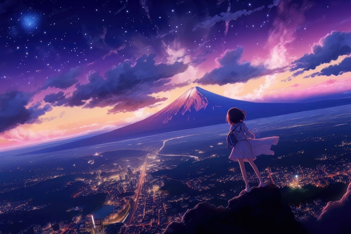 Anime girl overlooking a city and Mount Fuji at night
