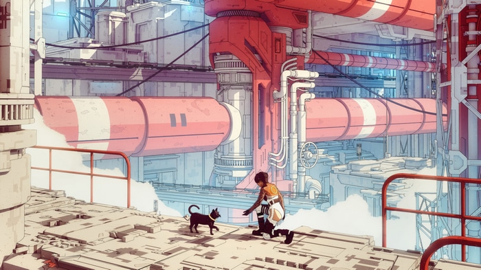 A person and a cat in a futuristic industrial setting