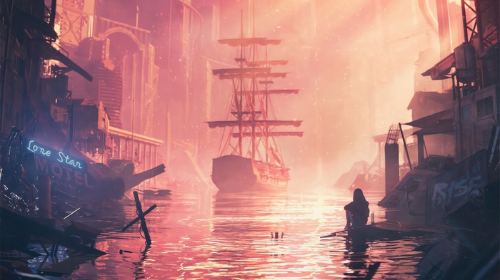 Digital artwork of a lone figure and a ship in a flooded city