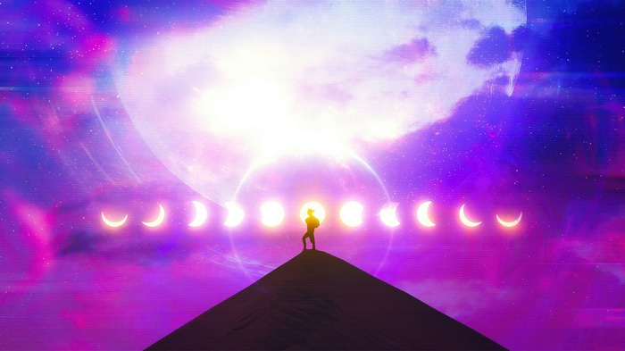 Digital Art of a Person on a Hill with Moon Phases