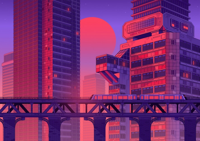 Sci-fi Cityscape with Train at Sunset