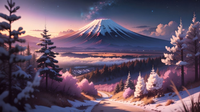 Mount Fuji in a dreamy winter landscape with pink trees