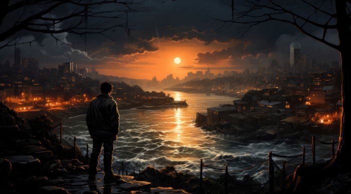 Man overlooking a city at sunset