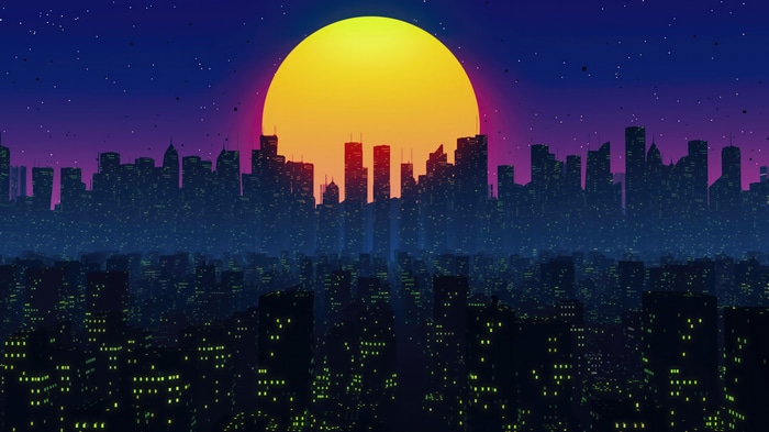 Retrowave Cityscape with Large Sun