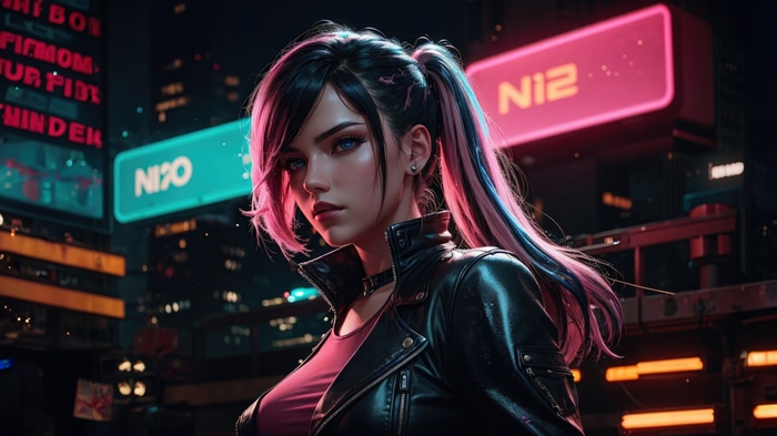 Cyberpunk woman with pink and blue hair in neon city