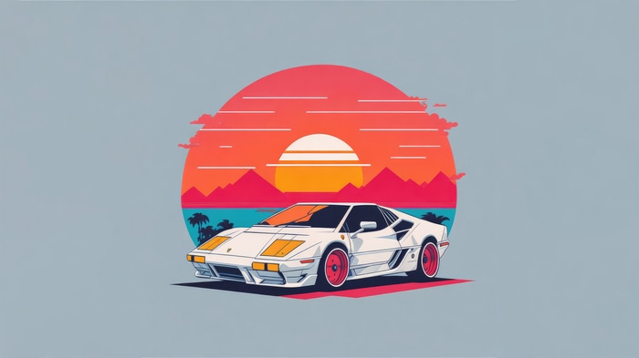 Minimalist Artwork of a White Sports Car at Sunset