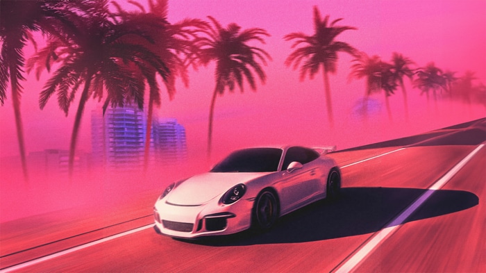 Synthwave Porsche driving on a coastal road