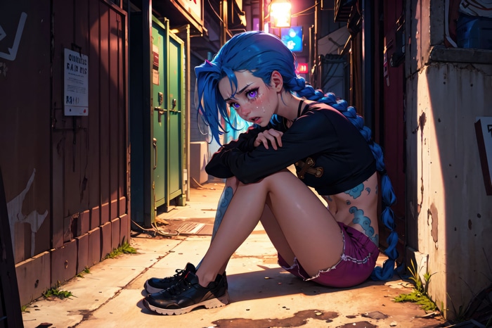 Jinx from League of Legends sitting in an alley