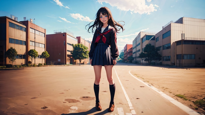 Anime girl in school uniform standing on street