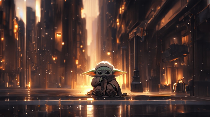 Baby Yoda in a futuristic city 4K