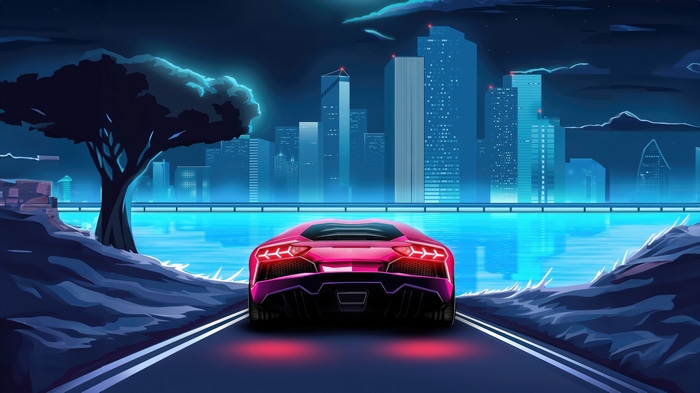 Pink Lamborghini on a road with city skyline