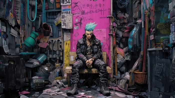 Cyberpunk artwork of a man with blue hair sitting