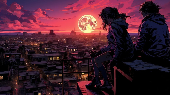 Anime couple watching a full moon over a city