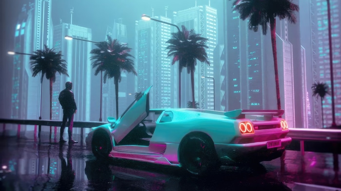 Cyberpunk Cityscape with Sports Car and Man