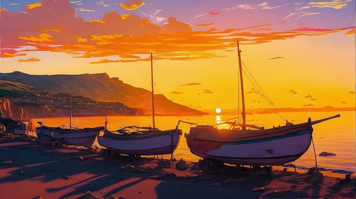 Boats on the shore at sunset, digital art