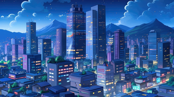 Anime Cityscape at Night with Mountains