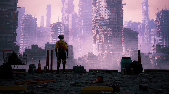 Cyberpunk city with a lone figure