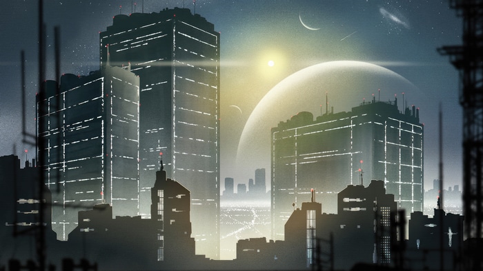 Digital Art of a Futuristic Cityscape with Planets